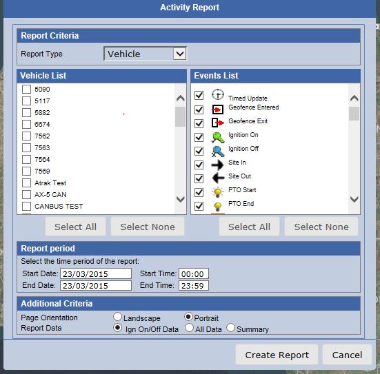 REPORTS Activity Report This function provides users with an Activity Report on the selected vehicle over a specified date range. This report can be filtered by event type.