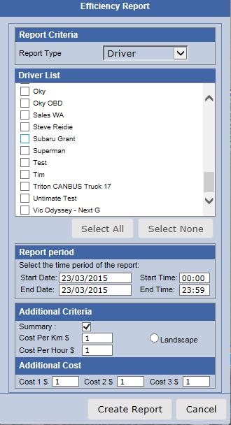 Efficiency Report The user can generate an efficiency report based on a selected vehicle over a specified date and time range. The report will show the cost of each trip.