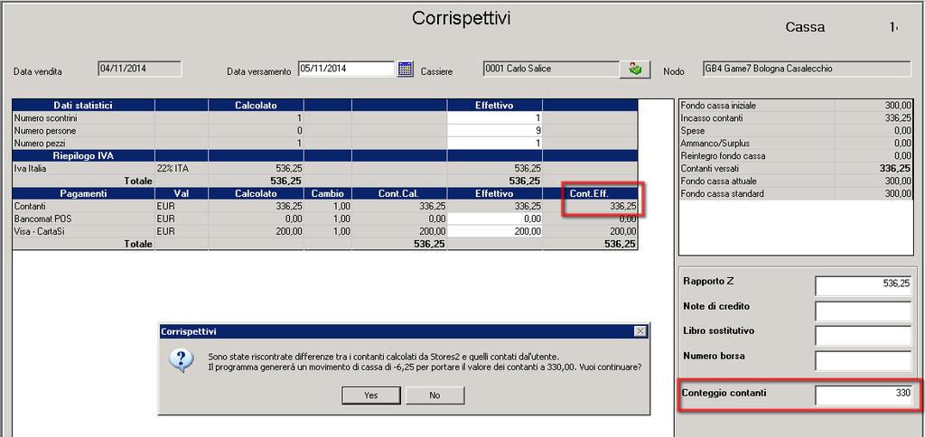 When the window is confirmed the program will check that the operator assigned a value to the Cash count text and that the value corresponds to the difference between the initial cash fund, plus the
