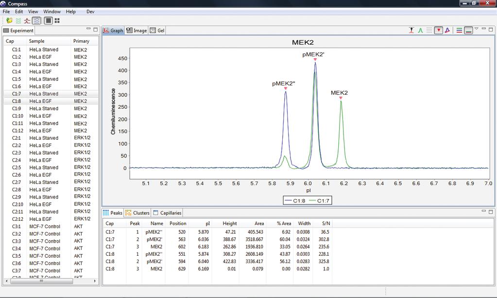 Results Screen Proteins are automatically identified by name or pi Select any capillary to view sample data Overlay sample electropherograms for easy