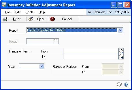 CHAPTER 2 ROUTINES AND REPORTS To print the inflation adjustment report: 1. Open the Inventory Inflation Adjustment Report window. (Reports >> Inventory >> Inv. Inflation Adjustments) 2.