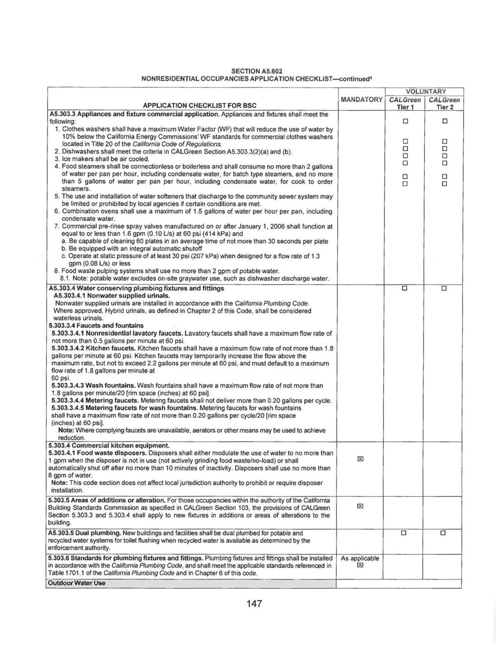 SECTION A5.602 NONRESIDENTIAL OCCUPANCIES APPLICATION CHECKLIST continued4 APPLICATION CHECKLIST FOR BSC A5.303.3 Appliances and fixture commercial application.