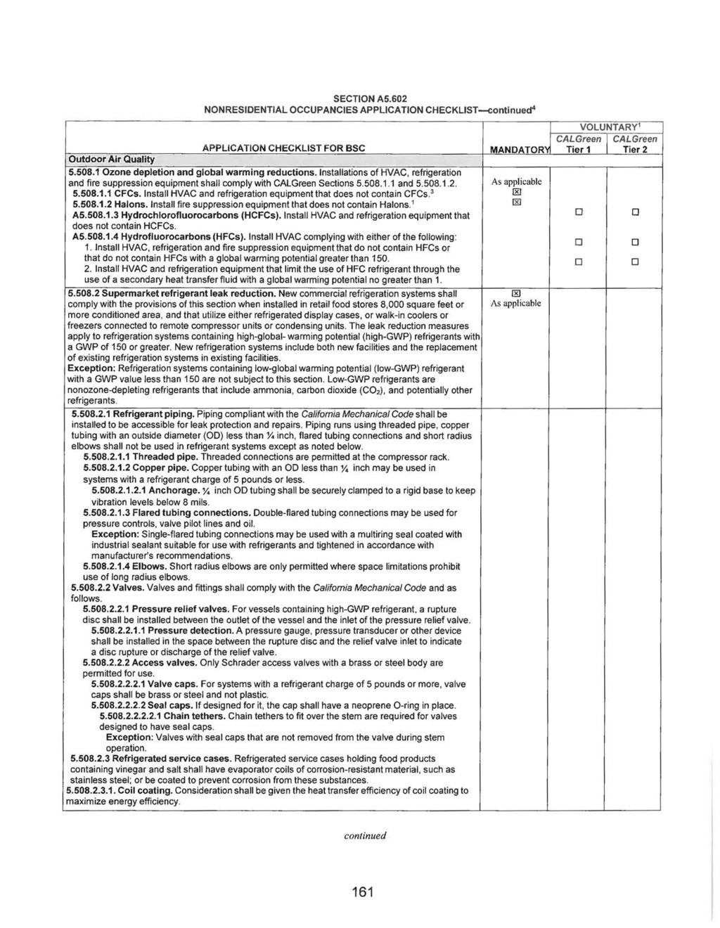 SECTION A5.602 NONRESIDENTIAL OCCUPANCIES APPLICATION CHECKLIST continued4 Outdoor Air Quality APPLICATION CHECKLIST FOR BSC 5.508.1 Ozone depletion and global warming reductions.