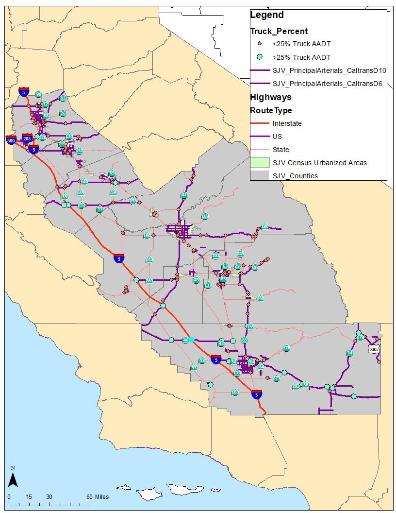 Figure 2.3 Central Valley Principal Arterials and Intersections/Interchanges With 25%+ Truck AADT, 2014 Source: http://www.dot.ca.gov/hq/tsip/gis/datalibrary/metadata/truckaadt.