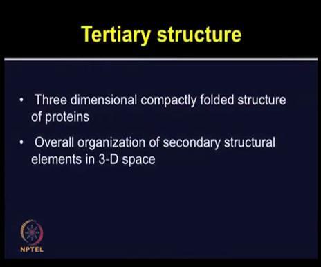 (Refer Slide Time: 17:34) The three dimensional structure is compactly folded structure of proteins and it represents overall organization of secondary structural elements in 3D space.