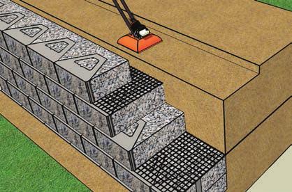 ) stakes geogrid geogrid Using geogrid Geogrid depth is measured from the face of the retaining wall unit, to the back of the reinforced soil. Geogrid coverage should be 100%.