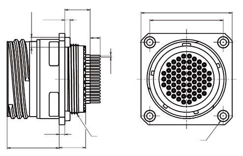 Integrated Clinch Nuts Square flange receptacle - type 34 & type 39 Ø3.96 Max. 2.3 Max. G H E ± 0.30 F ØK A Max. C Max. B Max. Thread D 4 Clinch Nuts Shell Size A Max B Max C Max D Thread E ±0.