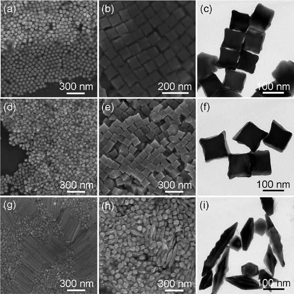 SEM images of gold nanocubes (a), octahedra (d), and irregular particles (g) used as the seeds for the growth