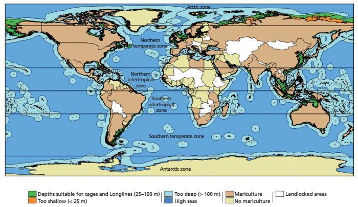 Fig 2: Globally distributed areas with suitable depths for sea cages and long lines within EEZs of respective countries [3].