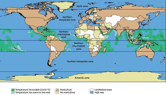 Fig 6: Global sea temperature of areas within EEZs that can be considered for offshore aquaculture establishment [3].