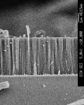 Figure 2: Cross-sectional SEM picture of µc-si layer on glass, as grown by MW-PECVD at a pressure of 0.04 mbar with a deposition rate of 1.2 nm/s. 5000 4500 Si (111) 4000 3500 Intensity (a.u.) 3000 2500 2000 1500 1000 500 2.