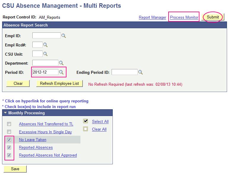 Manager Reports (continued) 3) RUN REPORT Absence Report Search: o Complete the fields that will isolate the employees that you want to view (i.e.: Department) o Empl ID: Completing this field will result in data for that particular employee.