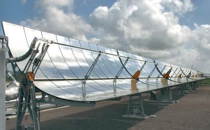 Figure-1: CSP Parabolic Trough Solar Collectors [2] As shown in fig the parabolic trough collector type CSP plant the parabolic mirrors are 100 meters long with curved aperture of 5-6 meter.