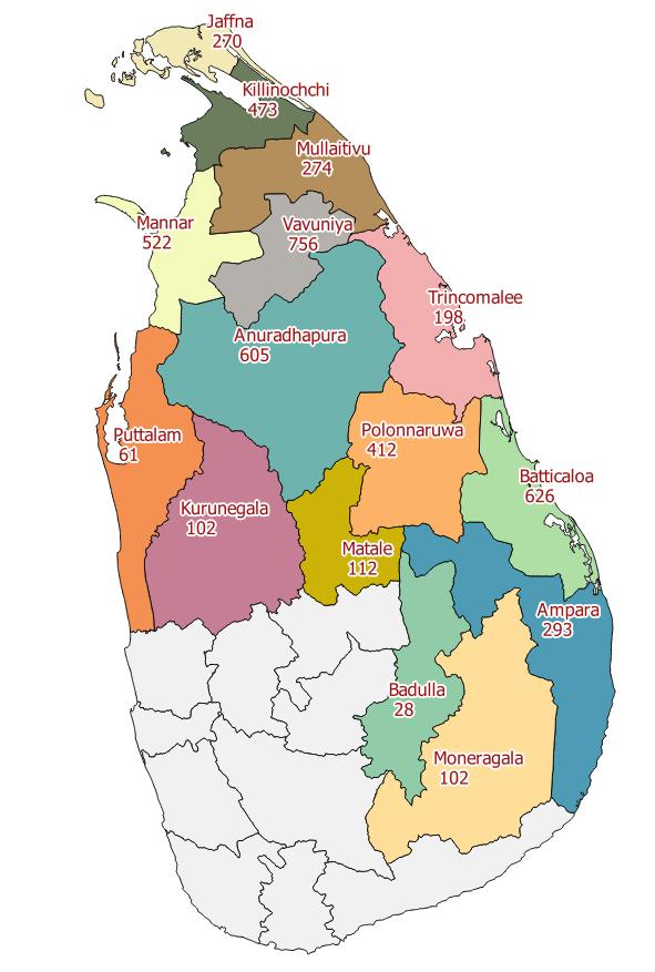 Where we work District Number of Households Assisted Mannar District 522 Mullaitivu District 274 Anuradhapura District 605 Vavuniya District 756 Kilinochchi District 473 Jaffna District 270