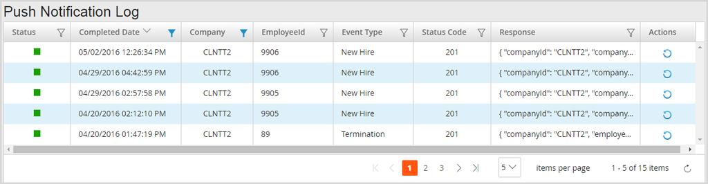 View response and run details when employees are hired or terminated in the Push Notification Log under