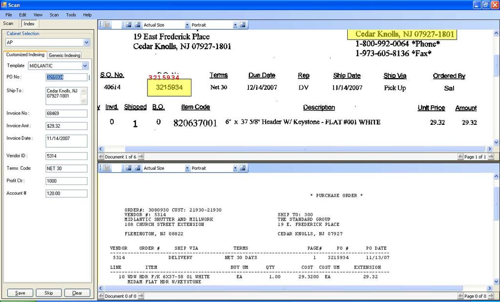 In the top main window, the invoice image and some of the highlighted areas where data has been read from is displayed. In the lower main window, a copy of the PO for this invoice is displayed.