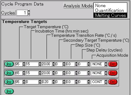 (3) [Melting curve analysis] The cycling parameters should be set according to the following window.