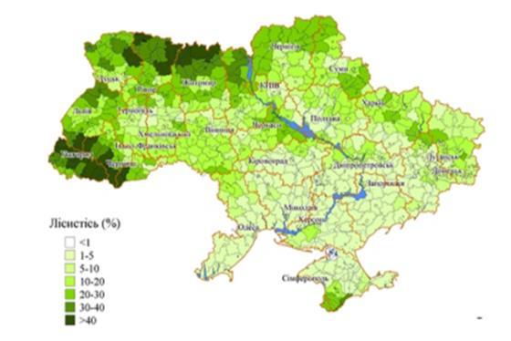 Countries' profile: FOREST Ukraine forested area 15.8% of the total land; Coniferous 42.6% (mostly pine trees); Deciduous forests 57.