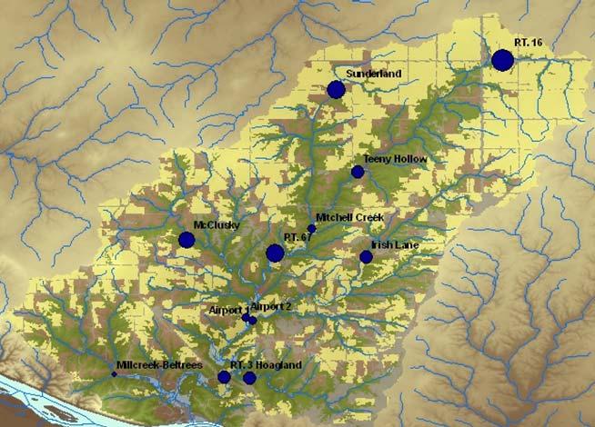 Blue symbols indicate locations for detailed survey of organic matter in streamwater.