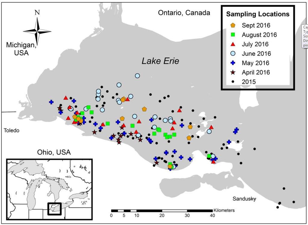 The map shows where the captains have collected samples by month during 2016.
