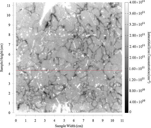 A. Y. Liu et al. Interstitial iron concentrations across multicrystalline silicon wafers Figure 5. Interstitial iron image of as-cut wafer 140.