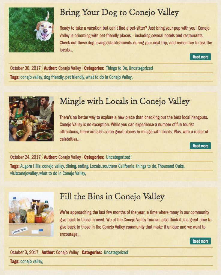 PR/Social Media Results 25 Blog Posts In 2017, 27 blog posts were published to Conejo.com. The articles highlighted activities, special events, unique food, attractions and more.