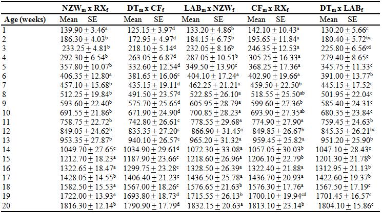 Table 3: Least squares means of weekly body weights (g) of cross bred rabbit genetic group at different ages Means with different superscripts in the same column (within variable groups) are