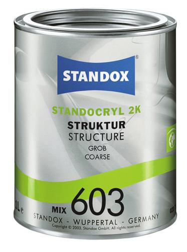 Structure Fine Mix 602 Structuring of VOC Topcoat Fine texture Mixing ratio 1:1,then mix 4:1 with Standox VOC Hardener Pack size: 1 litre GMC code: 4024669848212 TDS Number: 597 / CV673 2K Mix 603