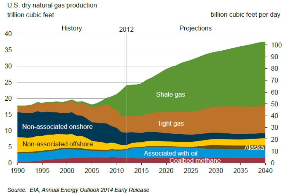The US shale gas revolution Dependency on shale gas to meet demand 45% of gas production in US is now from shale In 2013 US gas consumption was 26