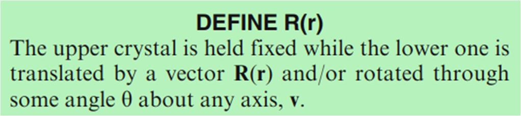 Translations and Rotations Translation Boundary, RB. R(r), is zero. Grain boundary, GB. Any values of R(r), n and are allowed.