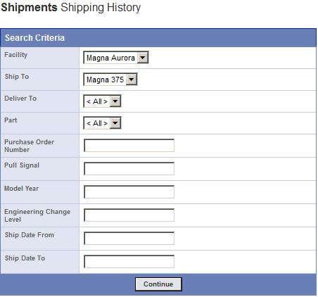 Shipment History A history of shipments that have been process through SupplyWeb can be