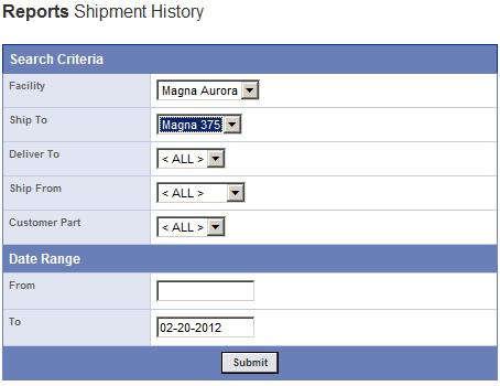Shipment History Report A history of shipments that have been process through SupplyWeb can be printed by selecting Reports->Shipping History Report link from the navigator.