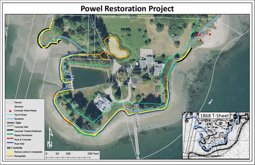 Figure 2. Site shoreline inventory map details (from Williams et al. 2004), overlay on aerial photo of Powel site.