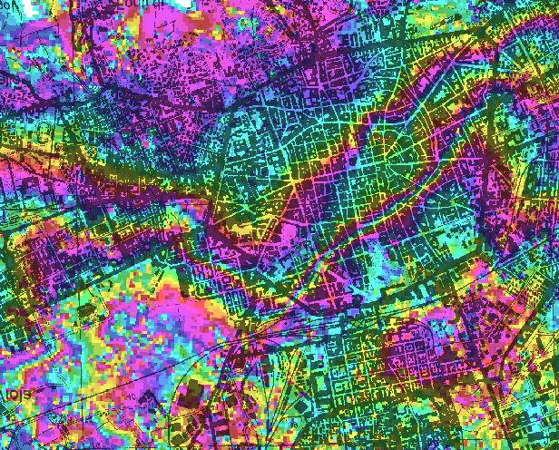 Subsidence map of the urban area of Bologna from ERS differential SAR interferometry.