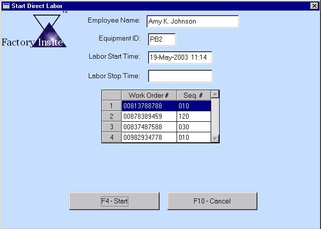 The start direct labor entry shown below requires a work order. The WO and Routing Sequences displayed are in priority order for the work center with which the equipment is associated.