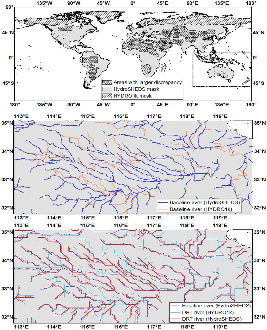 WU ET AL.: DATA AND ANALYSIS NOTE Figure 1. (top) The global study domain showing boundaries between HYDRO1k and HydroSHEDS areas.