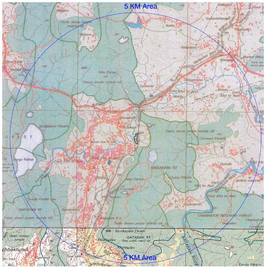 85 0 25 E 85 0 27 30 E 22 0 02 30 N PROJECT SITE 22 0 0 N Fig 2-3: Topographic Land Features within a Radius of 5km from Joda Dump Site 2.