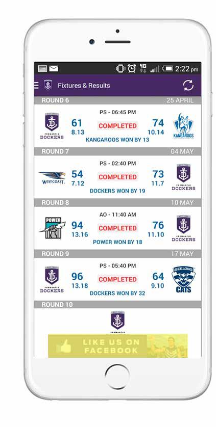 MOBILE APP THE ANYWHERE, ANYTIME CONNECTION to our Fans One of the most exciting properties in the Fremantle Dockers stable of digital advertising opportunities, the club mobile app and mobile site