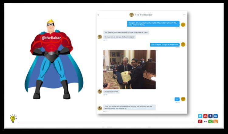 This is a chain of communication in Twitter direct messaging between the TBA and Danny Aller asking for photos from The Florida Bar President s Pro Bono Awards Ceremony at the Florida Supreme Court