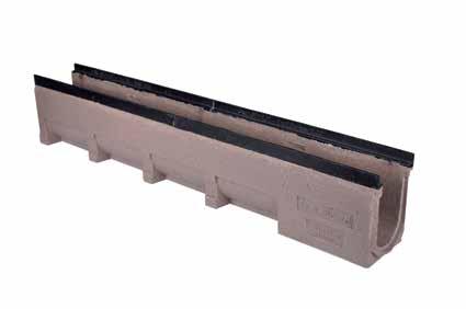 Drainage channel PROFI NW 100 with cascade or bed slope, channel body made of polymer concrete with cast casing (4 mm) Cast grating with traffic-safe fastening and available in liquid-tight version.