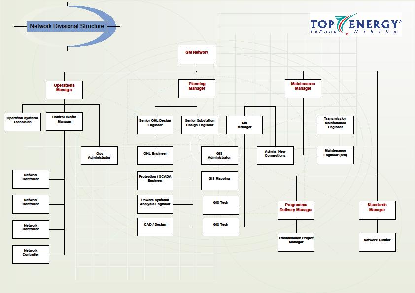 BACKGROUND AND OBJECTIVES Figure 19: Top Energy Network Division - Structure The key responsibilities of senior management staff within the TEN team are: Position General Manager Networks Maintenance