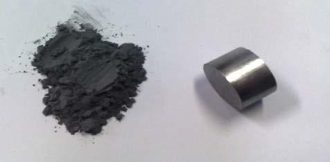 Fig. 1 Carbonyl iron powder and pressed sample The decarburization procedure used a horizontal tube furnace (50 mm diameter) with controlled atmosphere capability, associated infrared (IR) gas