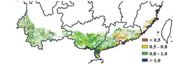 CHAPTER 4. CHINA 77 Southern China According to the NDVI-based crop condition development graph, the overall crop condition is slightly below average compared to the recent five-year average.