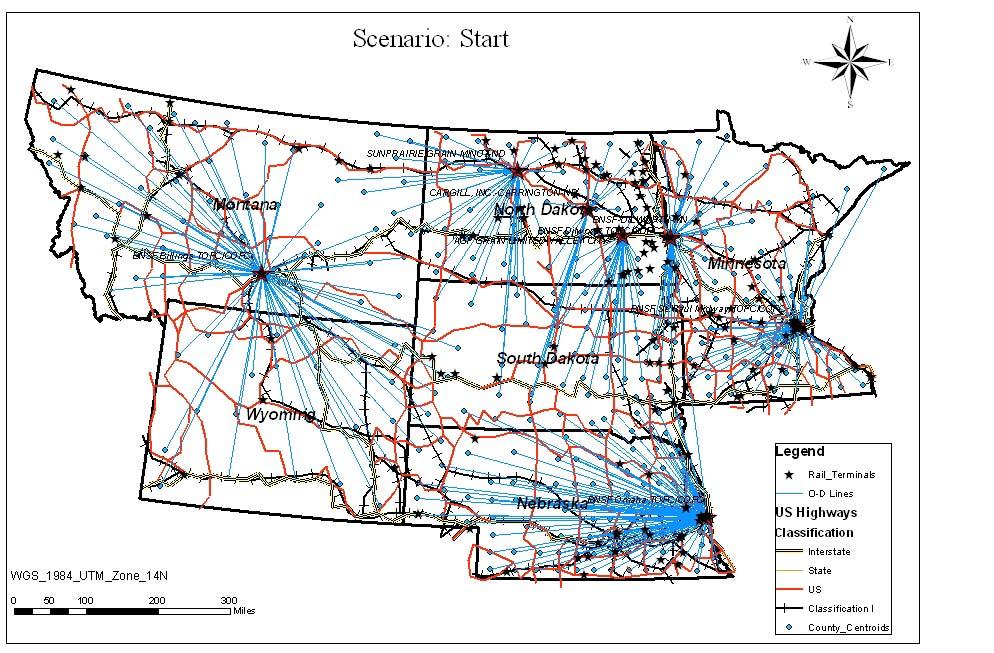 Start: Nebraska and Wyoming do not have any relevance to the intermodal terminal in North Dakota, thus the two states have been excluded from the results in the other scenarios.