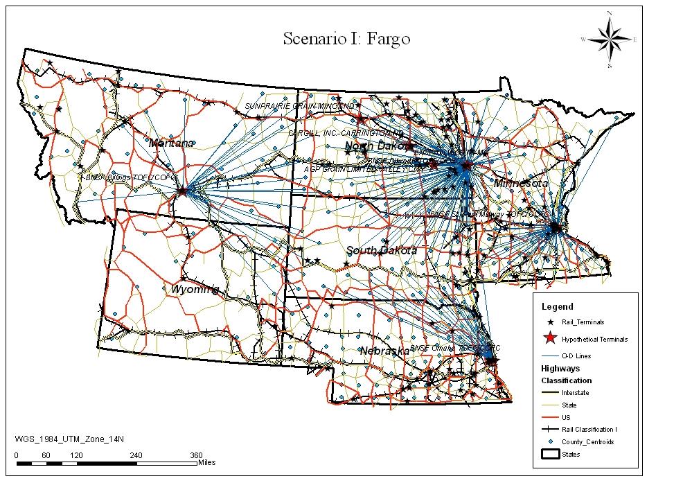 Scenario I. The Dilworth intermodal terminal was selected for Scenario I in lieu of Fargo. It competes with Minneapolis, Omaha, and Billings.