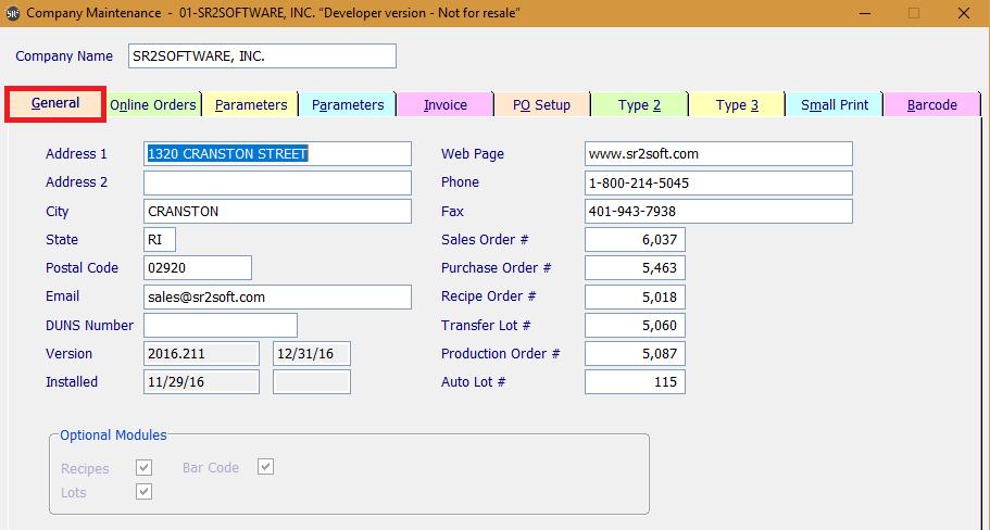 General Tab Company Name: Your Company name. This will print on the pick tickets, purchase orders, reports, and invoices.