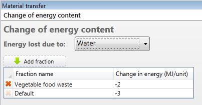 So the calculation of the energy content is: Figure S12: Material transfer of Change of energy content for vegetable food waste, energycontent (kg) = energycontent (kg) + (-2)*water(kg) + (-0.