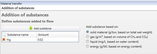 If we select solid : Figure S16: Material transfer of Addition of substance in the case of solid selection The output is the same as the input except for Hg, which