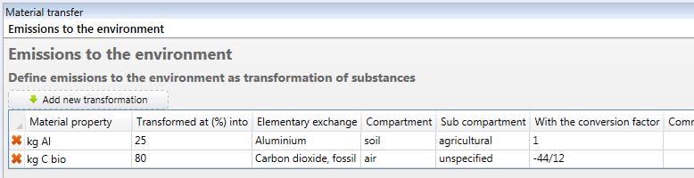 In the example following we see that 2 emissions are coming from the Material transfer tab (input-specific emission), while one is coming from the Process