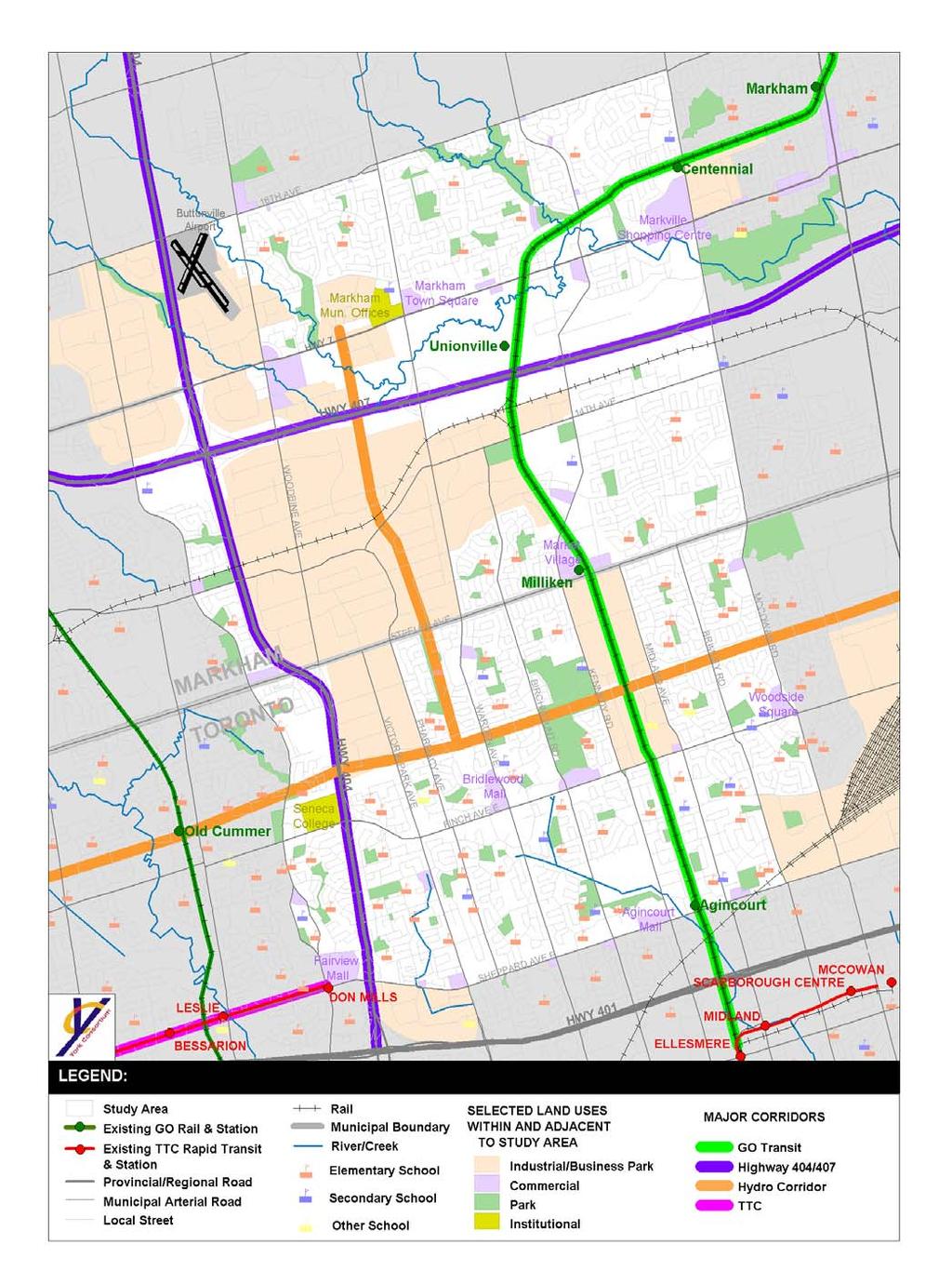 2 2.2 OVERVIEW OF EXISTING CONDITIONS IN STUDY AREA 2.2.1 The Built Environment The initial study area for the Markham North-South Link corridor is quite large and contains a wide variety of land uses and development patterns as shown on Figure 2-2.